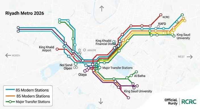 خريطة مترو الرياض 2026 بالألوان لجميع الخطوط الستة والمحطات الرئيسية مع مسارات التحويل