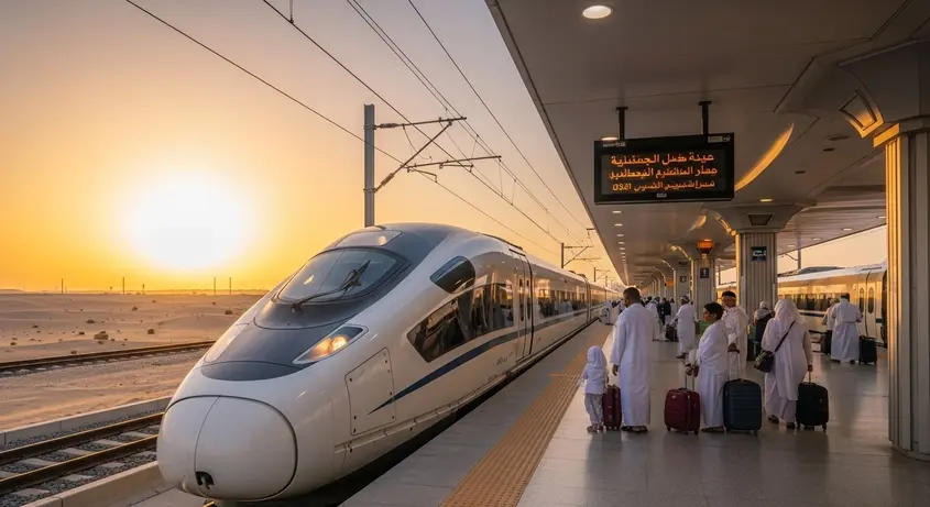 قطار الحرمين الشريفين قطار الحرمين الشريفين السريع في الصحراء بين مكة والمدينة، يعكس السرعة والراحة