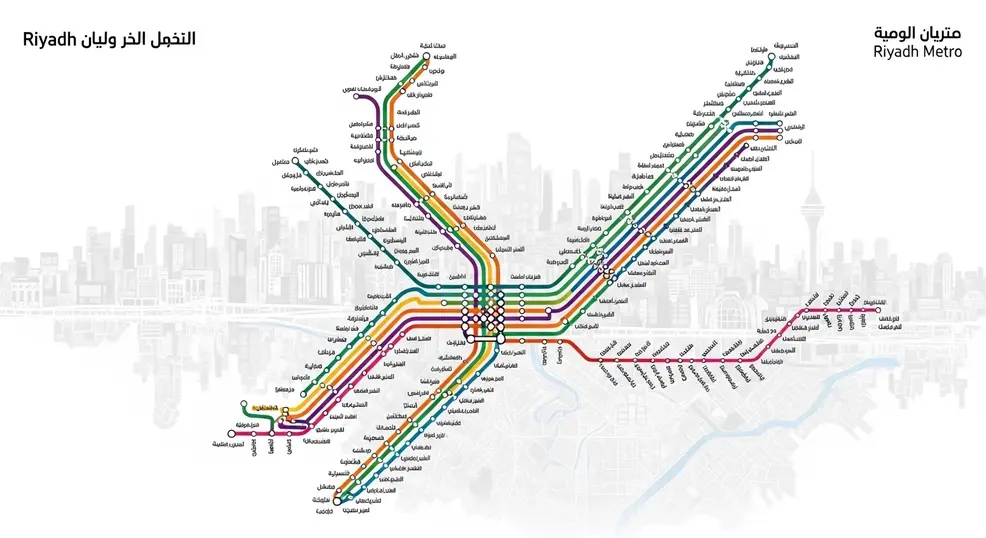 مسار قطار الرياض 2026 توضح جميع الخطوط الستة والمحطات والتوصيلات، مع مسار المطار والتحويلات الرئيسية داخل العاصمة السعودية