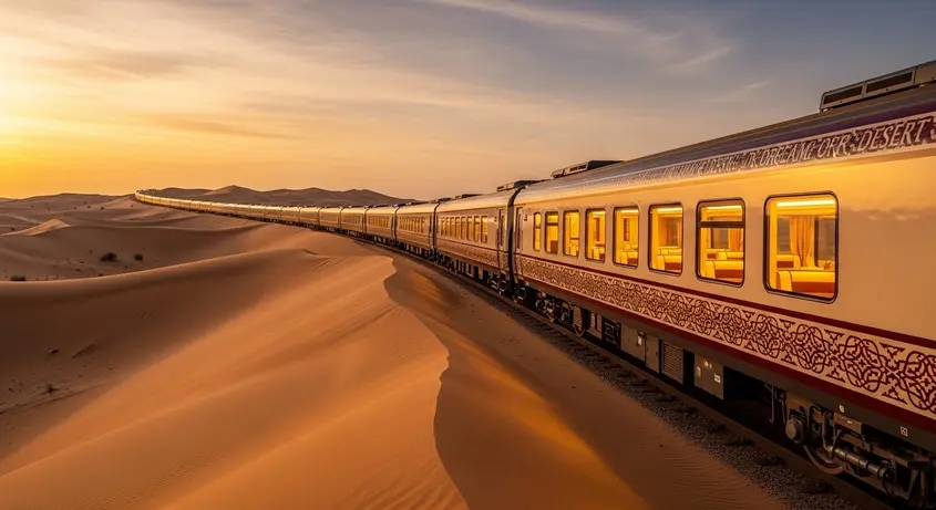 قطار حلم الصحراء قطار حلم الصحراء الفاخر يعبر الصحراء السعودية وقت الغروب