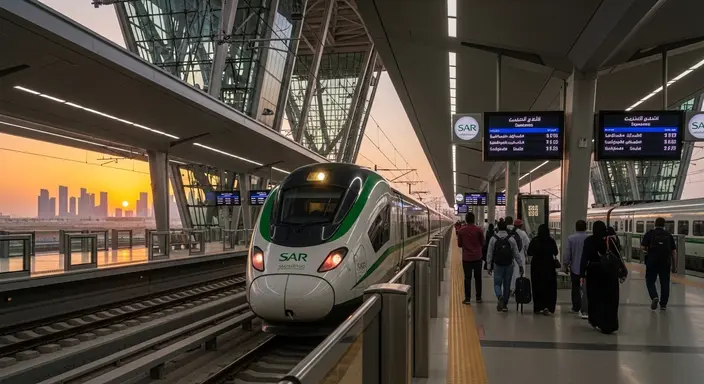 SAR Train Station Saudi Arabia showing modern platform, trains, and ticket booking area.