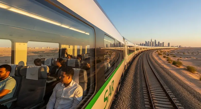 قطار سار الدمام محطة قطار سار الحديثة في السعودية مع مسافرين ينتظرون القطار، صالات واسعة ومرافق مريحة، تجربة سفر سلسة وآمنة