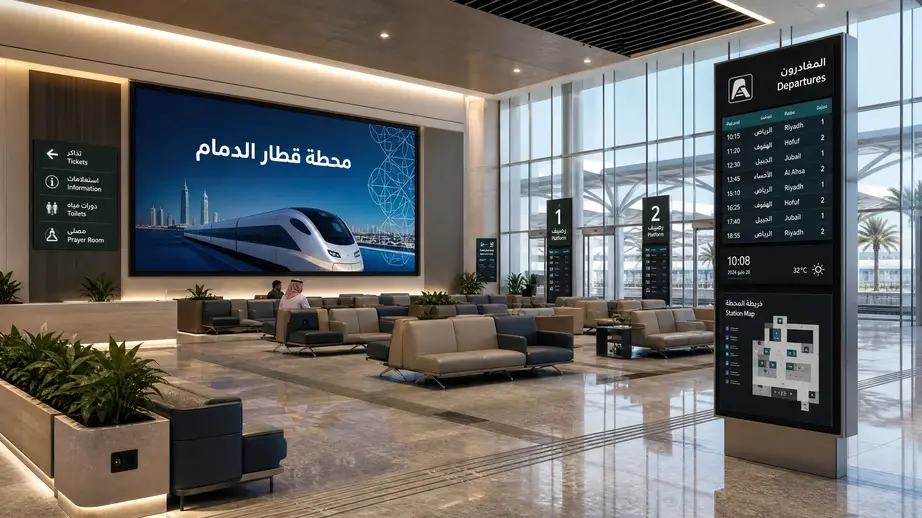 صالة الانتظار الداخلية الفاخرة في محطة قطار الدمام مع شاشات عرض رقمية ومقاعد مريحة.