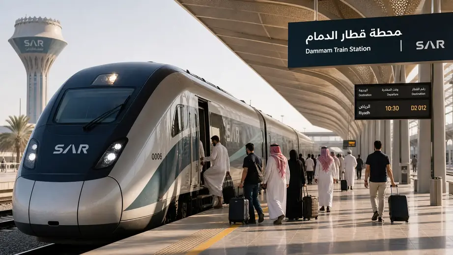 قطار سار الحديث على رصيف محطة قطار الدمام مع مسافرين يستعدون للصعود.