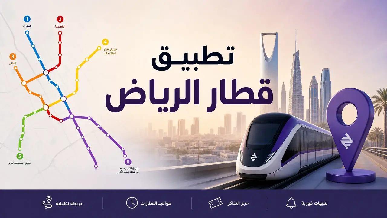 واجهة تطبيق قطار الرياض الرسمية من الهيئة الملكية لمدينة الرياض توضح المسارات والمواعيد وحجز التذاكر عبر الهاتف.