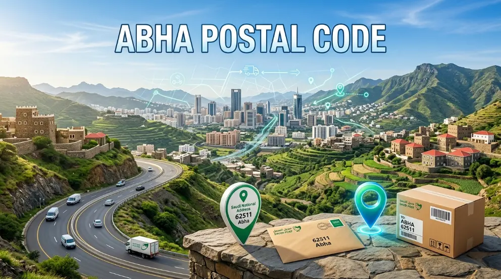 Abha Postal Code Abha Postal Code for shipping and courier delivery with packages, address marker, and logistics services