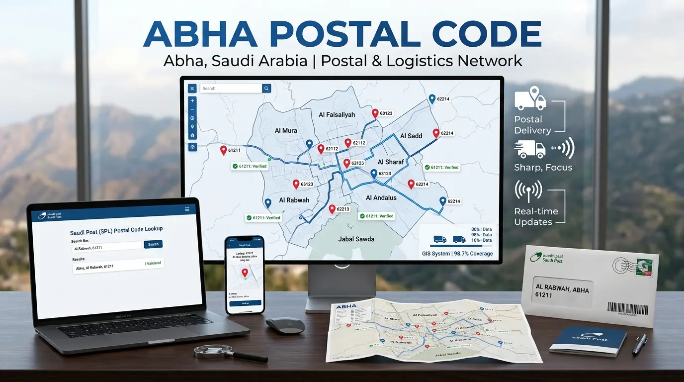 Abha Postal Code Abha Postal Code guide showing Abha city landscape, Saudi Arabia location marker, and postal delivery concept