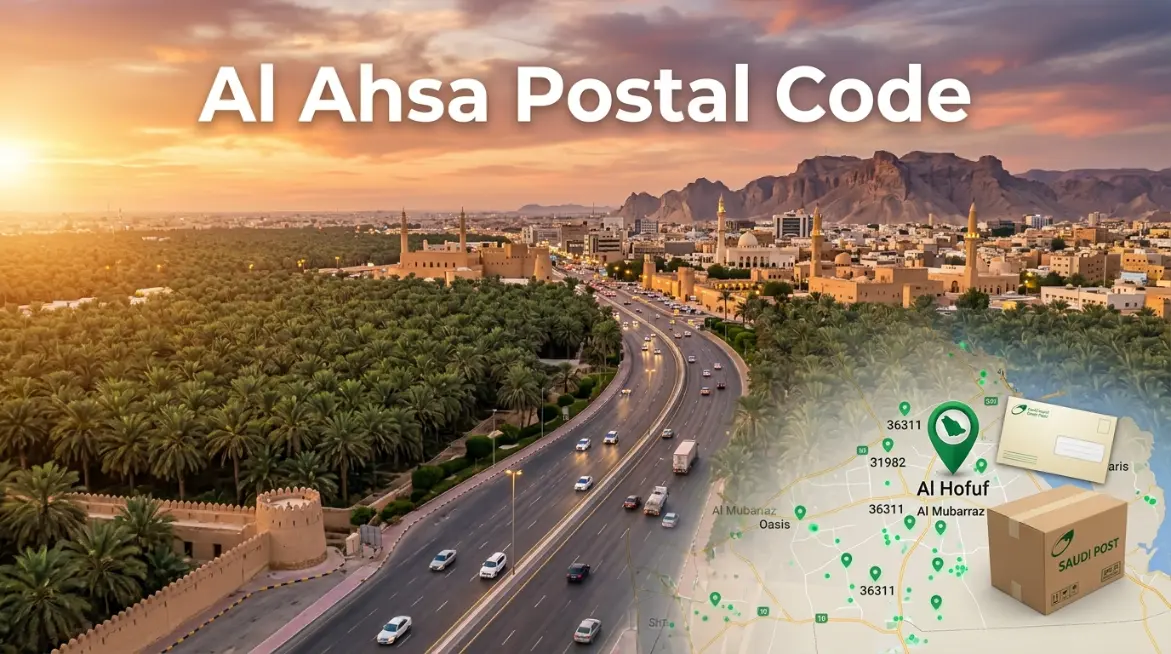 Al Ahsa Postal Code for online shopping and courier delivery with parcels, delivery van, and address verification