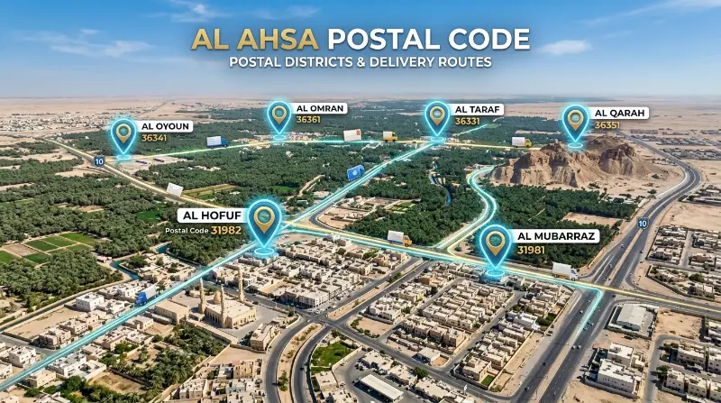 Al Ahsa Postal Code with National Address concept showing residential neighborhood, map pins, and delivery services