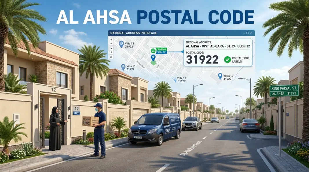 Al Ahsa Postal Code guide featuring Al Ahsa oasis, date palm farms, and modern city skyline in Saudi Arabia
