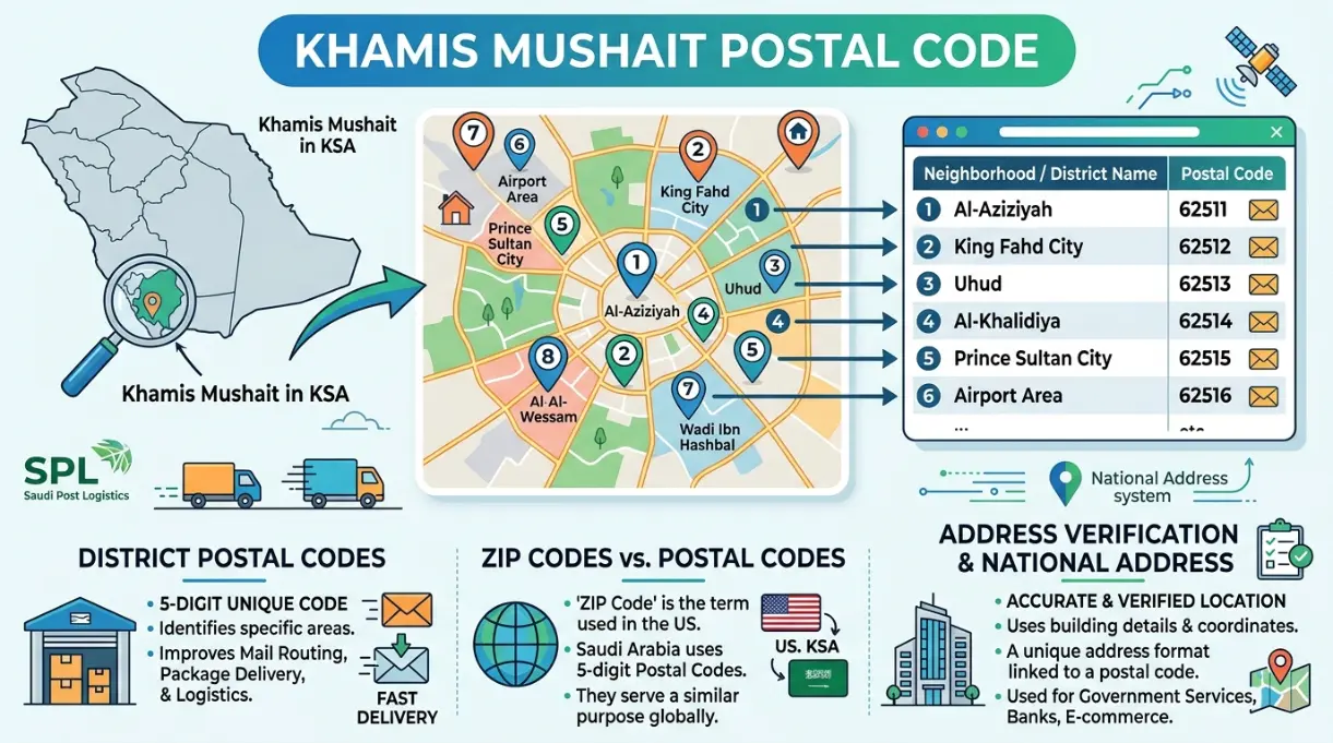 Khamis Mushait Postal Code guide with SPL Saudi Post Logistics and delivery address details