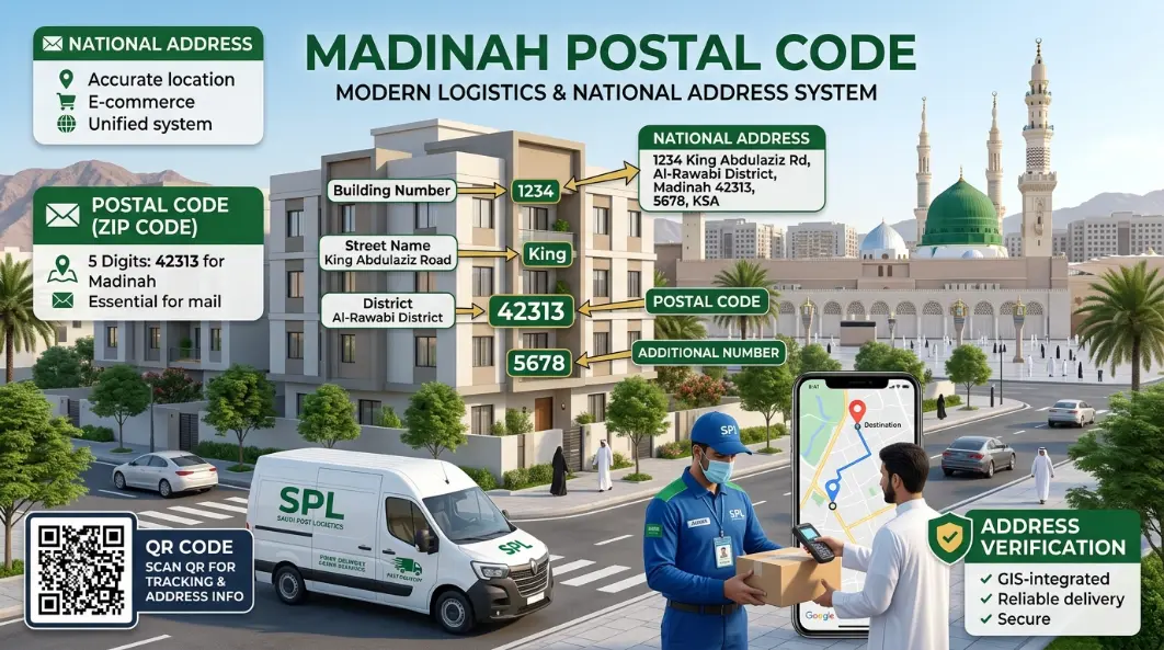 Madinah Postal Code guide explaining Saudi National Address, postal code format, and address verification process.