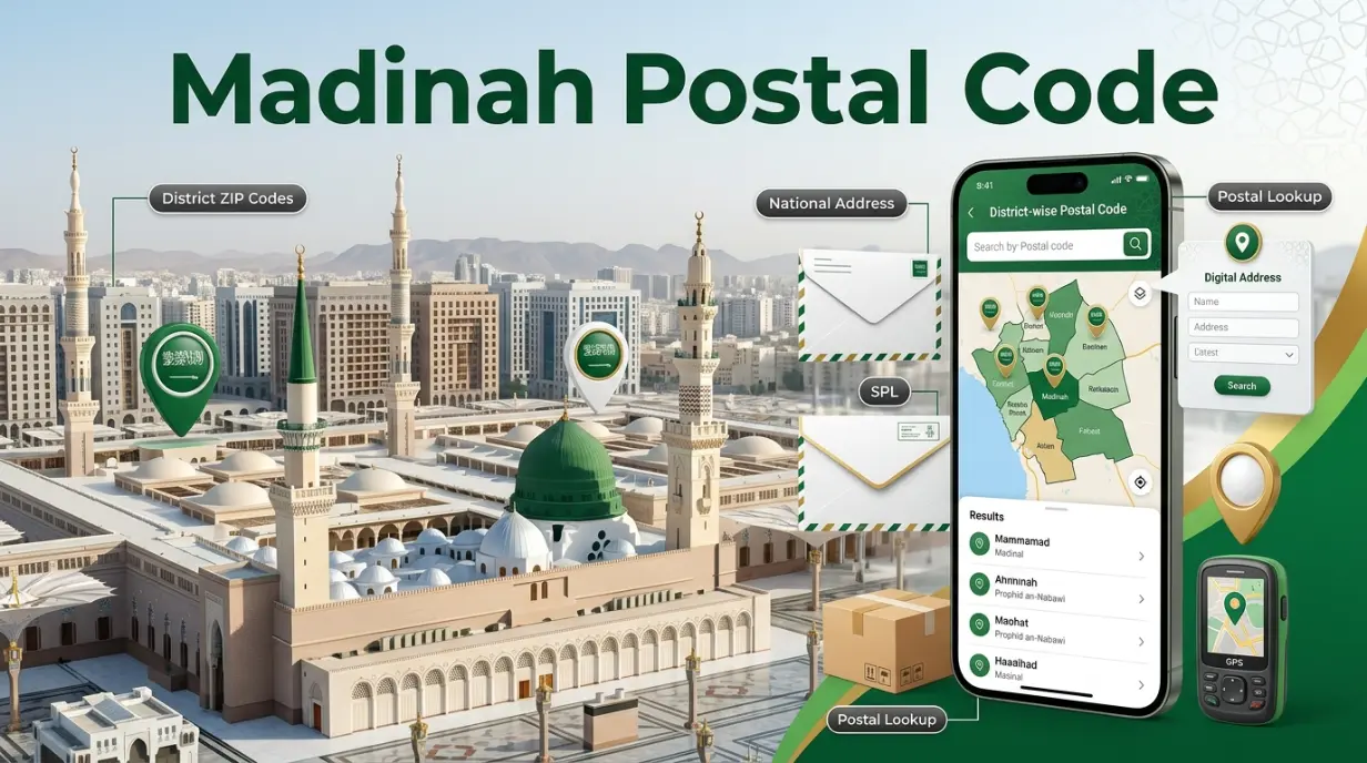 Madinah Postal Code infographic showing district-wise ZIP codes, National Address, and SPL delivery system in Saudi Arabia.