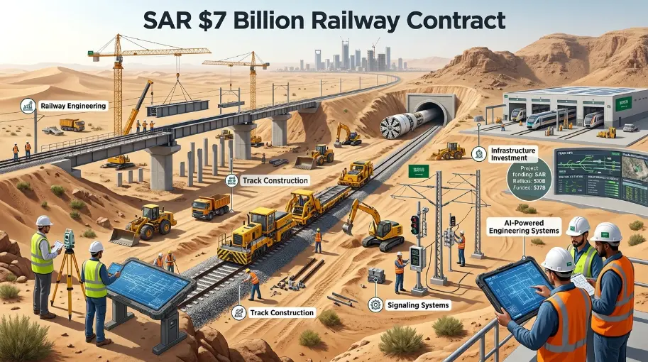 SAR $7 Billion Railway Contract SAR $7 Billion Railway Contract railway network map connecting Riyadh, Jeddah, Dammam, Hail, Al Qassim, Al Jouf, and Qurayyat.