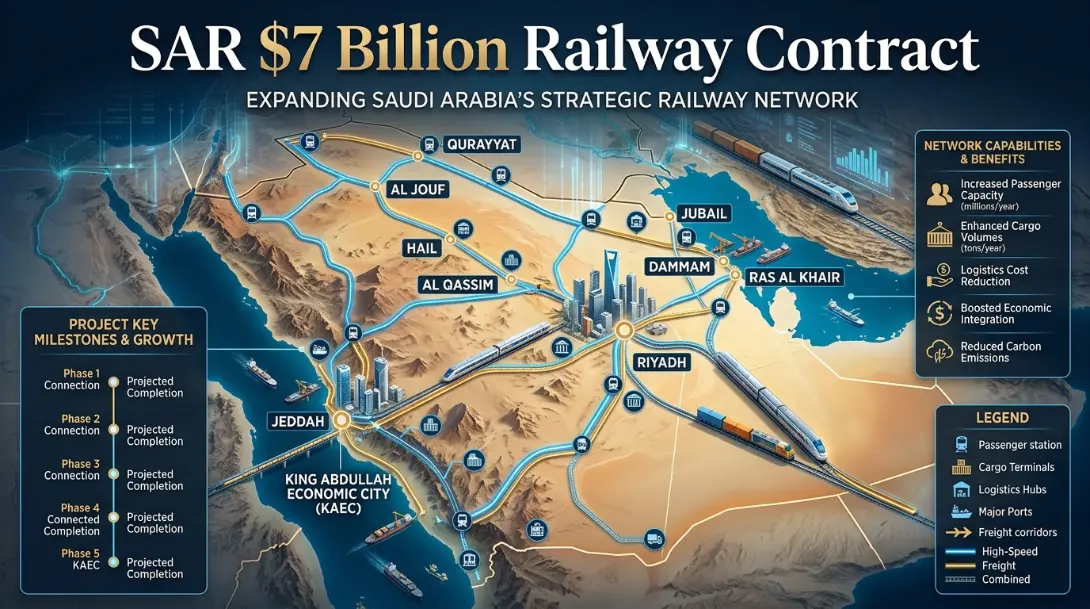 SAR $7 Billion Railway Contract SAR $7 Billion Railway Contract logistics infographic highlighting freight railway, cargo terminals, supply chain, ports, and Saudi Vision 2030.