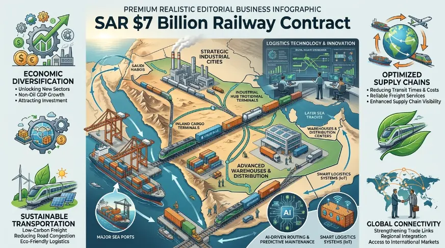 SAR $7 Billion Railway Contract SAR $7 Billion Railway Contract smart railway infographic showing ETCS, AI, IoT, digital railway technology, and modern rail infrastructure in Saudi Arabia.