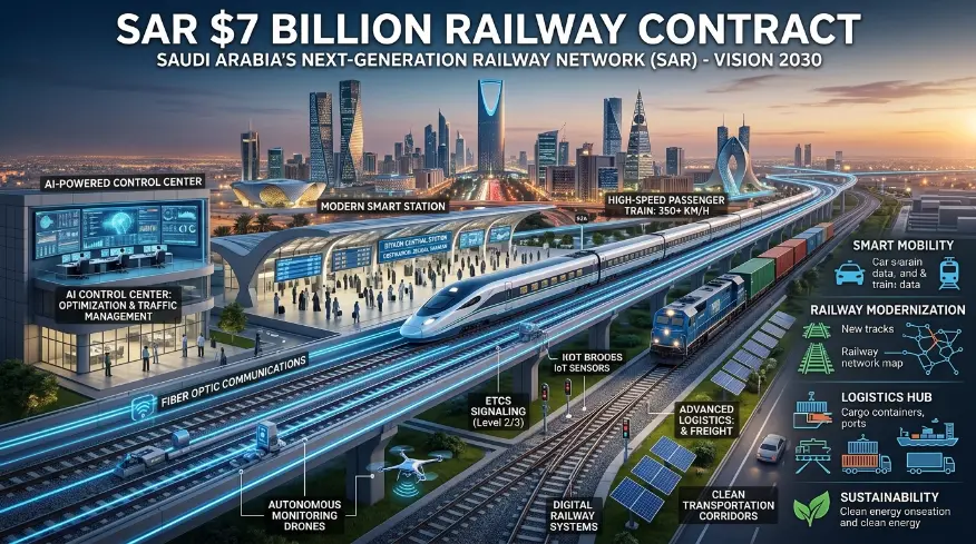 SAR $7 Billion Railway Contract SAR $7 Billion Railway Contract infographic showing Saudi Arabia's railway expansion, modern passenger trains, freight rail, and Vision 2030 infrastructure.