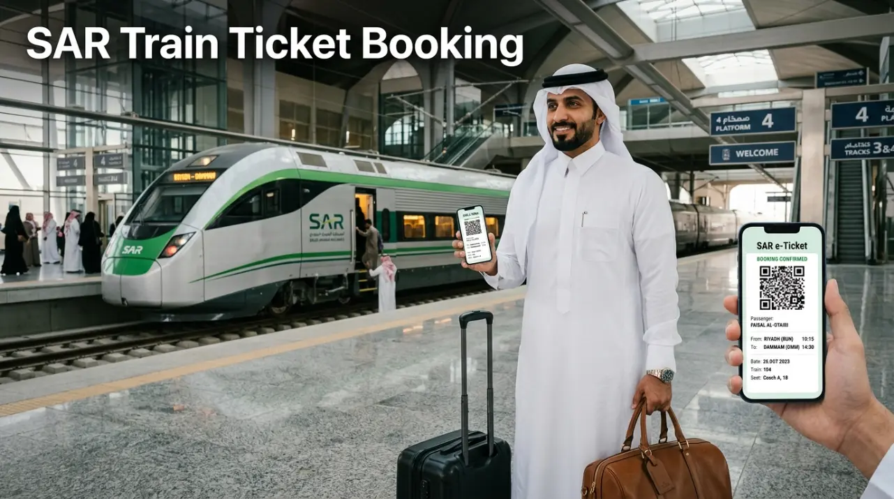SAR Train Ticket Booking for families boarding a Saudi Arabia Railways train with digital boarding passes and travel luggage.