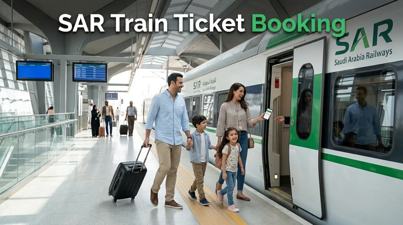 SAR Train Ticket Booking process displayed on a laptop and smartphone with online seat selection, digital payment, and QR code e-ticket.