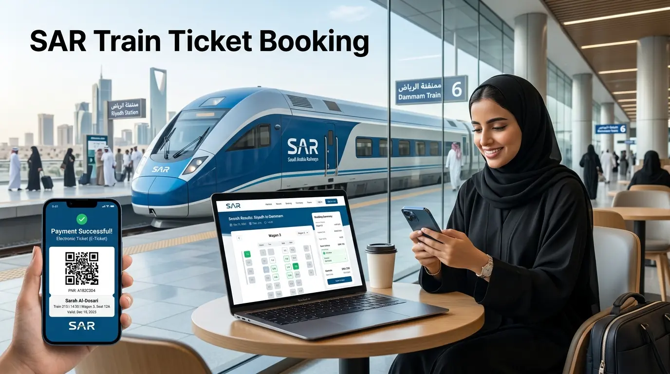 SAR Train Ticket Booking for business travelers using a smartphone e-ticket before boarding a Saudi Arabia Railways passenger train.