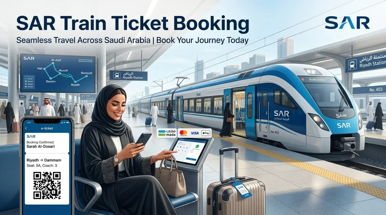 SAR Train Ticket Booking guide showing a modern Saudi Arabia Railways train arriving at Riyadh station with passengers using online ticket booking services.
