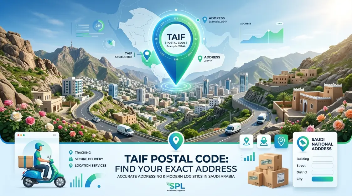 Taif Postal Code district map displaying major neighborhoods, postal code locations, GPS markers, and address lookup system.