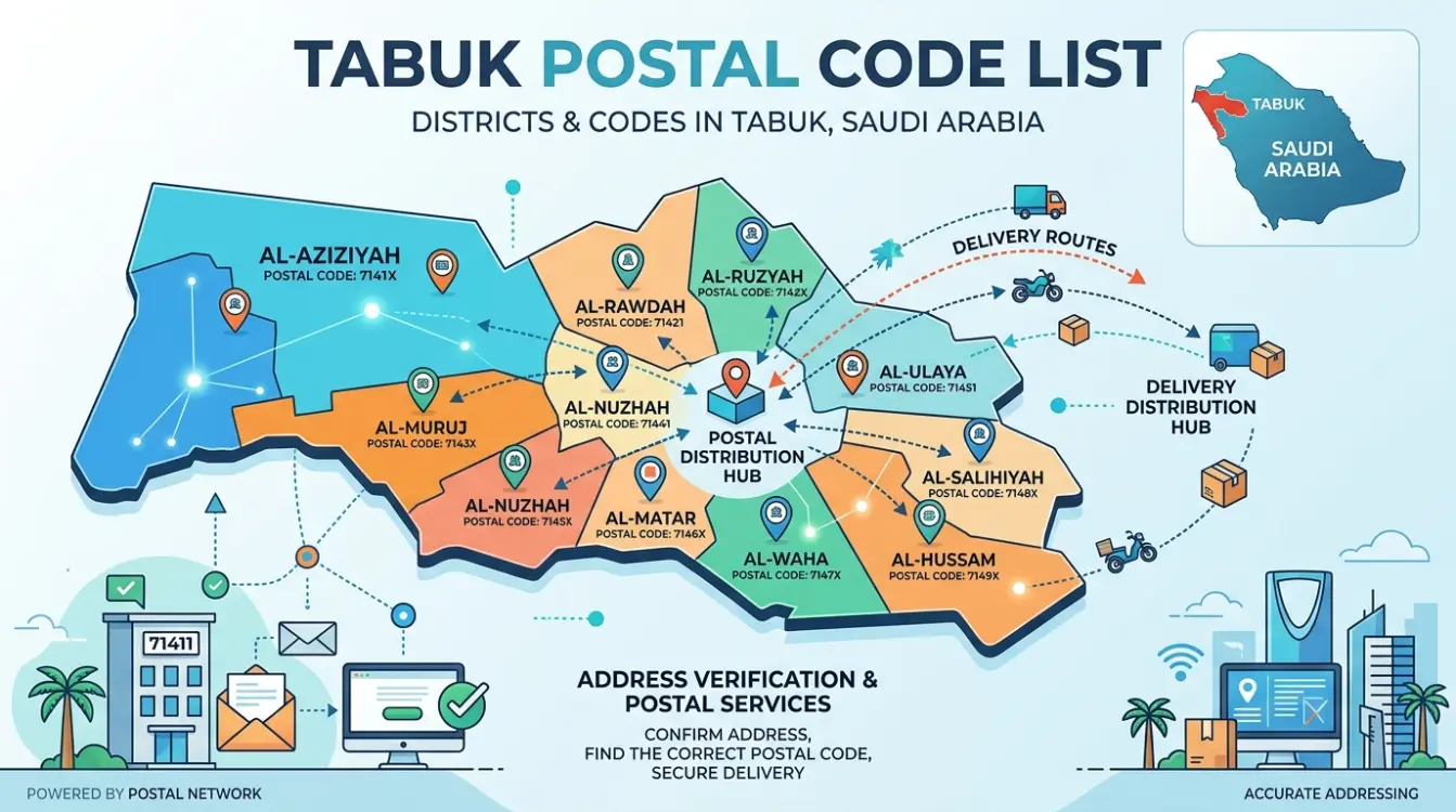 Tabuk Postal Code lookup tool for finding ZIP codes in Tabuk, Saudi Arabia
