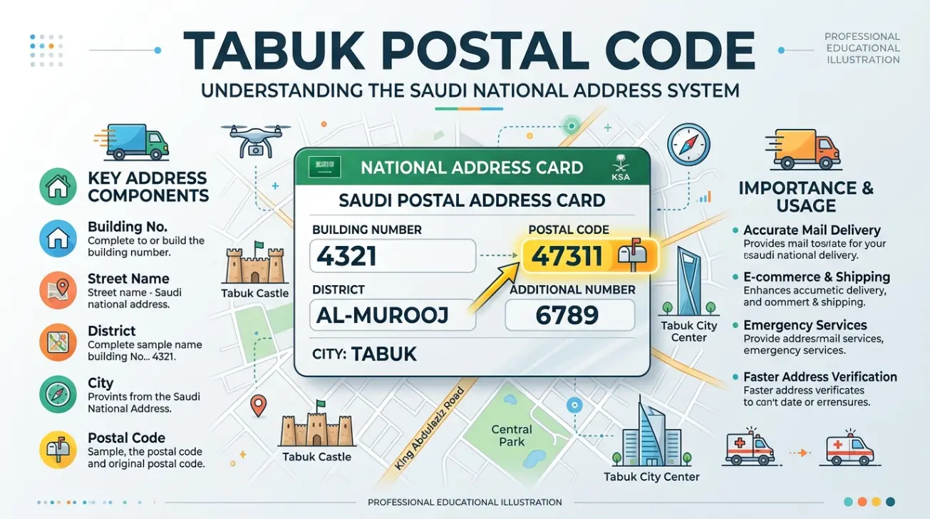 Tabuk Postal Code map showing Saudi National Address and postal code locations
