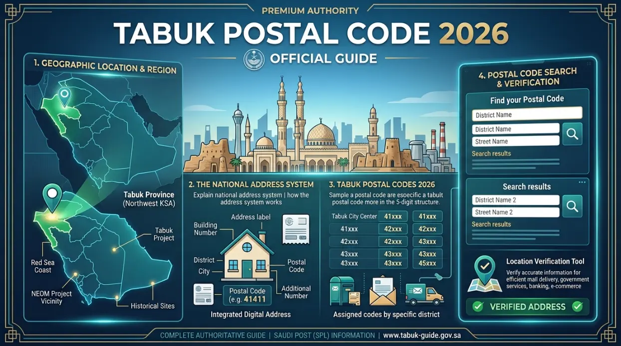 Tabuk Postal Code guide showing Saudi Arabia postal code information and district details