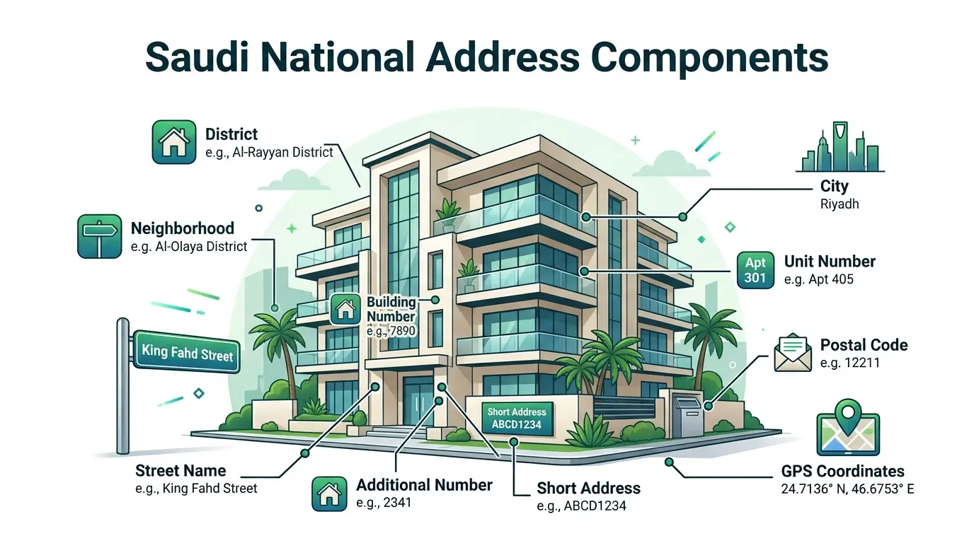 Taif Postal Code illustration featuring courier delivery, shipping packages, logistics network, and Saudi National Address for online shopping.