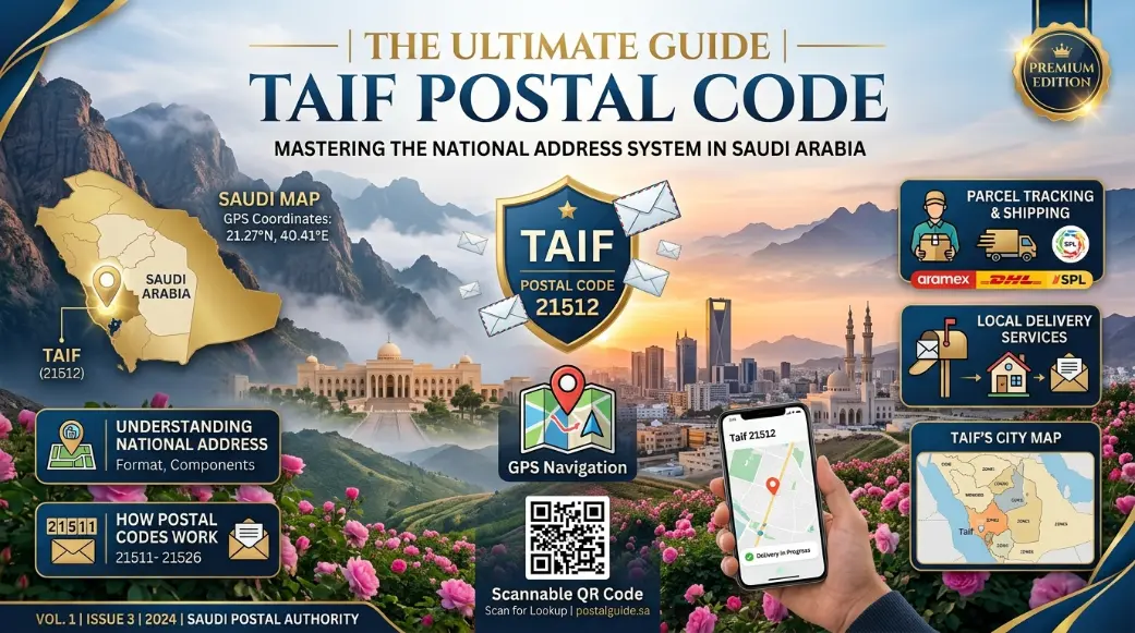 Taif Postal Code guide showing Taif city skyline, Saudi Arabia map, location pin, postal code icons, and National Address concept.