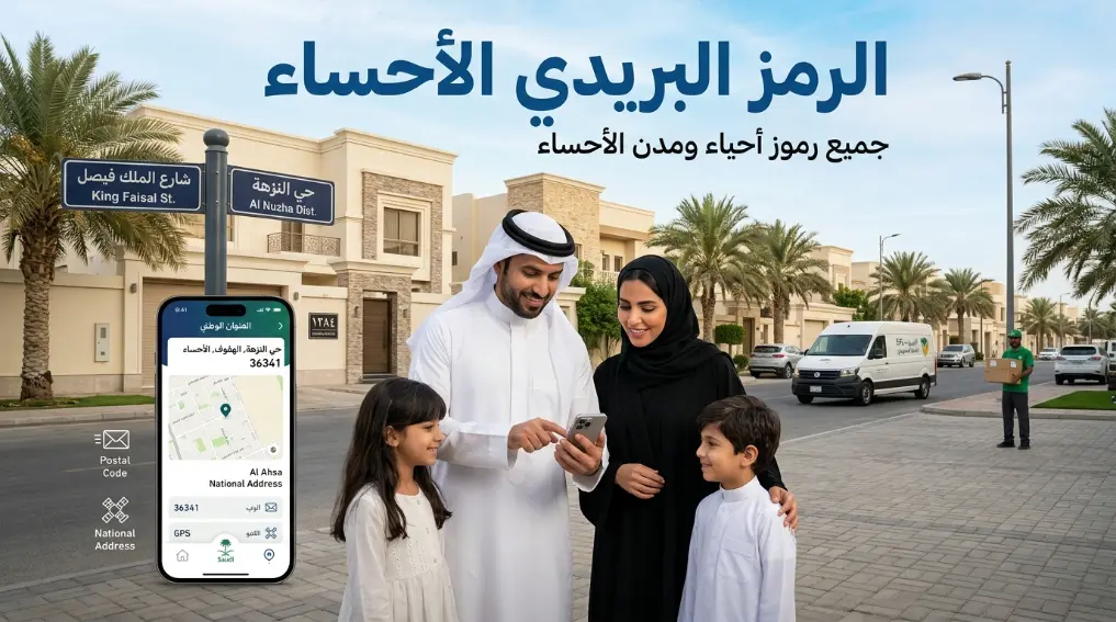 صورة توضح الرمز البريدي الأحساء لجميع الأحياء والمدن مع خدمات البريد السعودي سبل والعنوان الوطني.