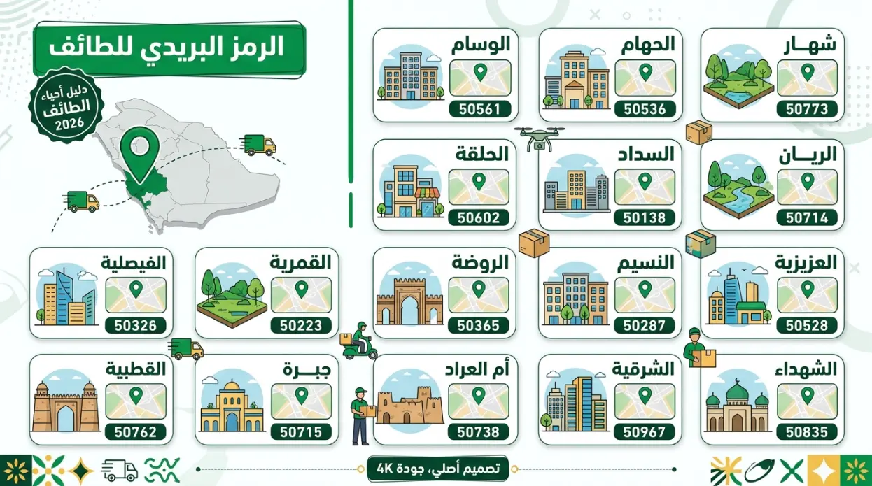إنفوجرافيك يوضح كيفية عمل الرمز البريدي الطائف ونظام الرموز البريدية في السعودية وعلاقته بالعنوان الوطني وسبل.
