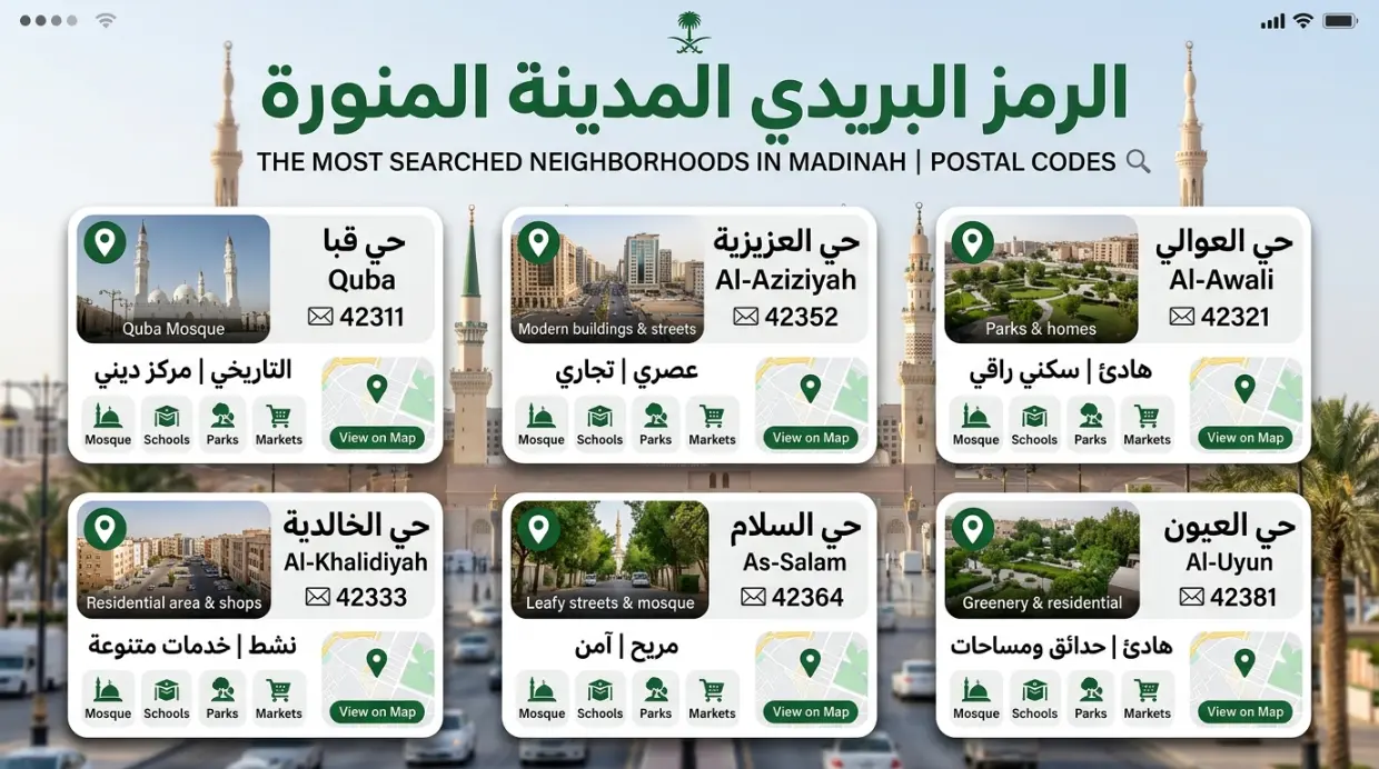 الرمز البريدي المدينة المنورة لجميع الأحياء بما في ذلك حي قباء وحي العزيزية وحي العوالي وحي الخالدية