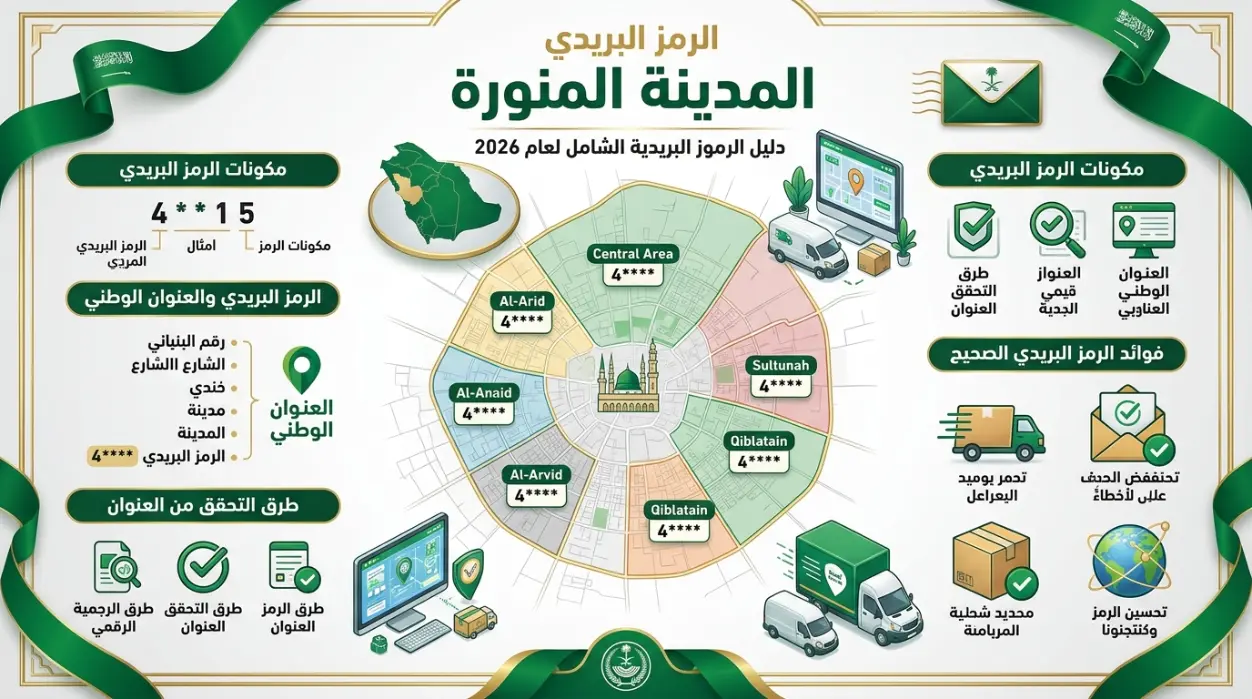 أداة البحث عن الرمز البريدي المدينة المنورة للعثور على Postal Code وZIP Code حسب الحي أو المنطقة