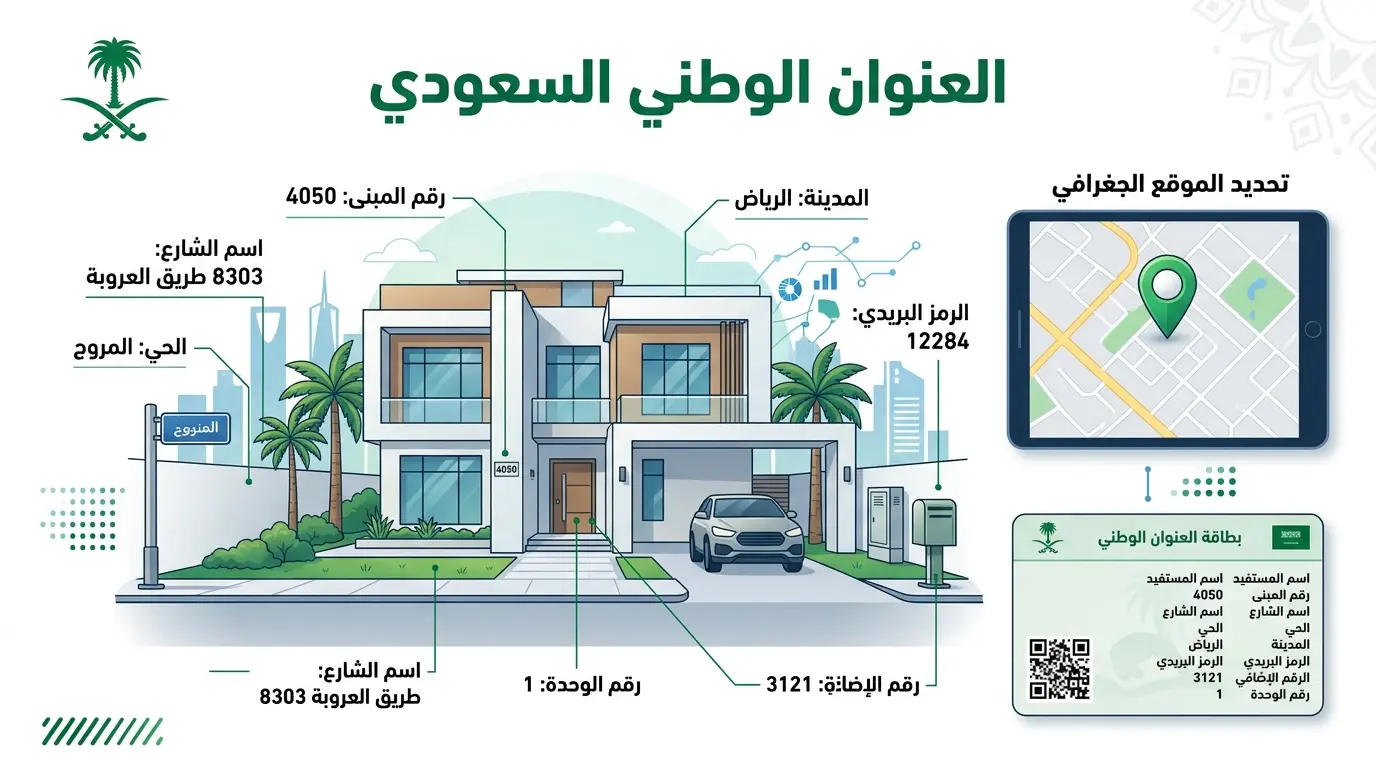 العنوان الوطني السعودي مكونات العنوان الوطني السعودي وتشمل رقم المبنى والرمز البريدي والرقم الإضافي