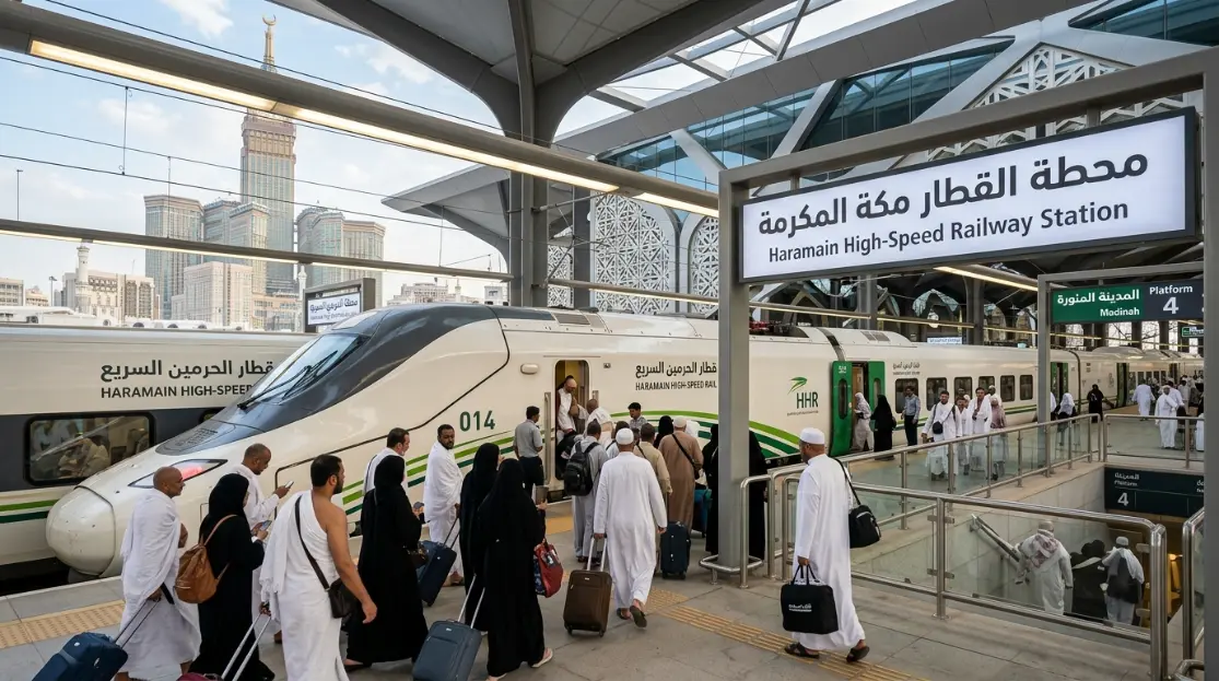 محطة القطار مكة المكرمة قطار الحرمين السريع عند محطة القطار مكة المكرمة أثناء صعود الركاب.