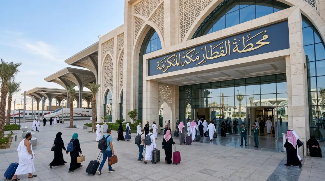 محطة القطار مكة المكرمة محطة القطار مكة المكرمة من الخارج مع المدخل الرئيسي للمسافرين.