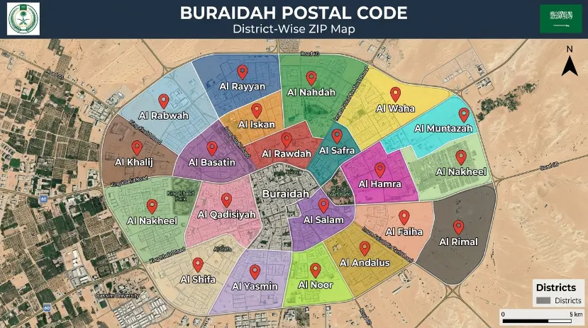 Buraidah Postal Code district map with ZIP codes for Al Rabwah, Al Rayyan, Al Nahdah, Al Iskan, and other neighborhoods