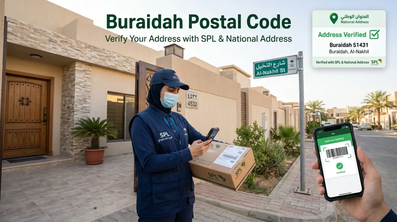 Buraidah Postal Code verification using Saudi Post Logistics SPL and the Saudi National Address system