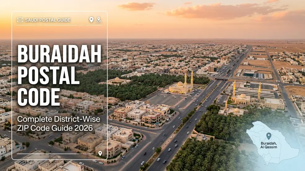 Buraidah Postal Code 2026 showing the complete district-wise ZIP code guide for Buraidah, Al Qassim, Saudi Arabia