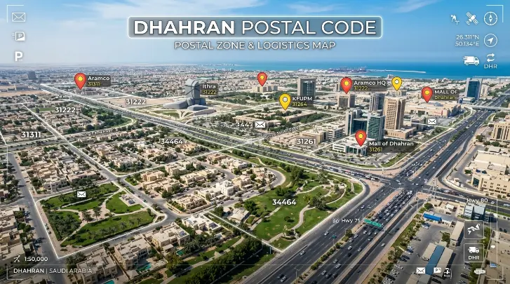 Dhahran Postal Code lookup showing SPL, National Address, and district postal codes