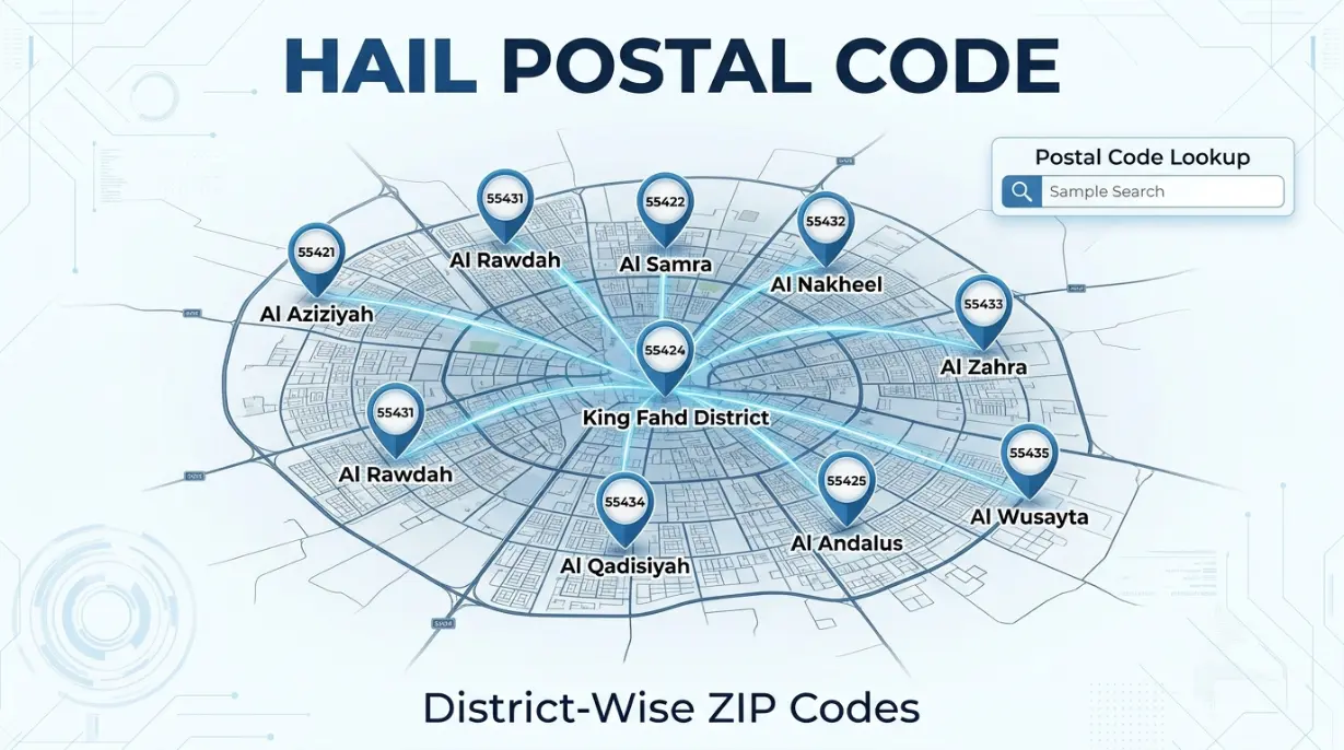 Hail Postal Code Hail Postal Code map highlighting major districts and neighborhood postal codes across Hail, Saudi Arabia.