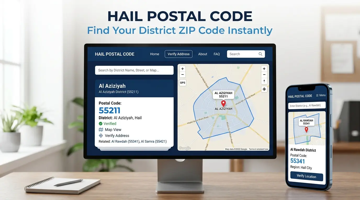 Hail Postal Code Hail Postal Code lookup tool displaying district search, ZIP code finder, and address verification interface.