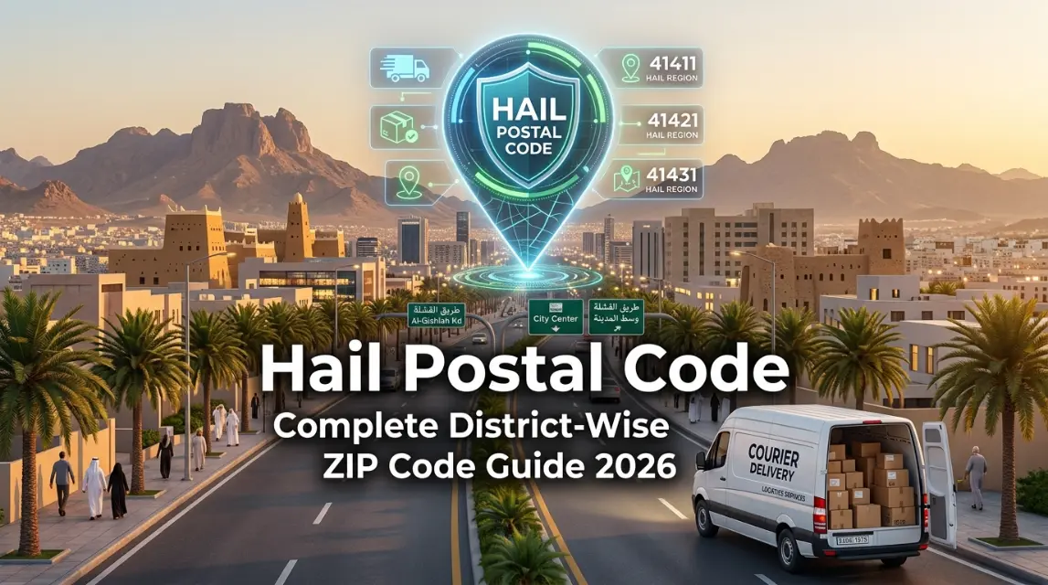Hail Postal Code Hail Postal Code featured image showing Hail city skyline and district-wise ZIP code guide in Saudi Arabia.