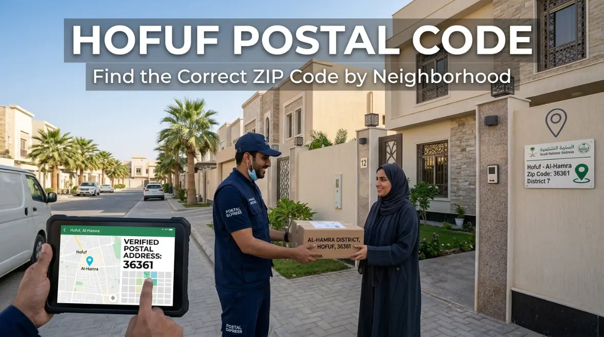 Hofuf Postal Code lookup tool showing Hofuf neighborhood information on a smartphone