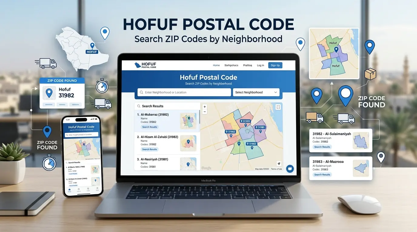 Hofuf Postal Code modern Hofuf cityscape with digital map and postal code lookup