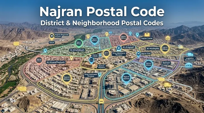 Najran Postal Code map showing neighborhoods and delivery areas in Saudi Arabia