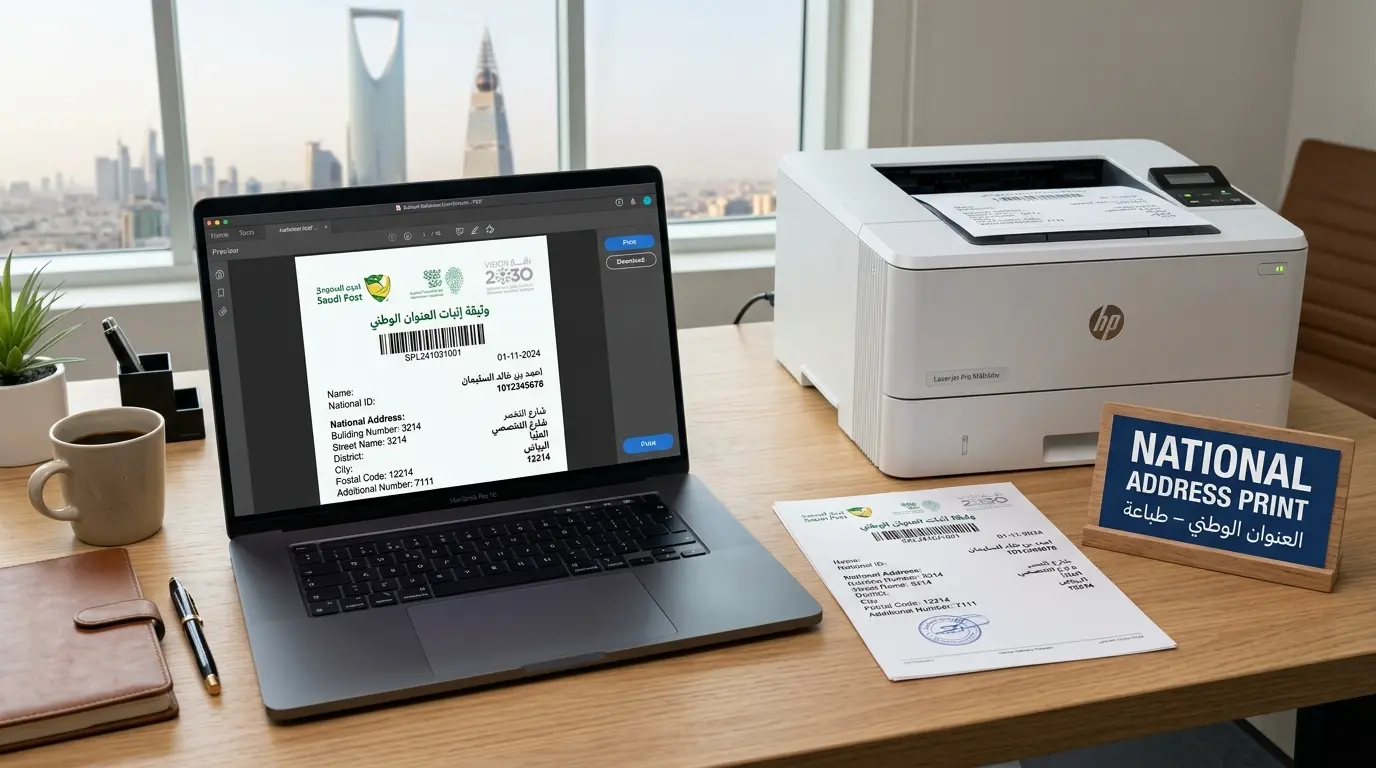 National Address Print online through SPL showing a Saudi National Address document