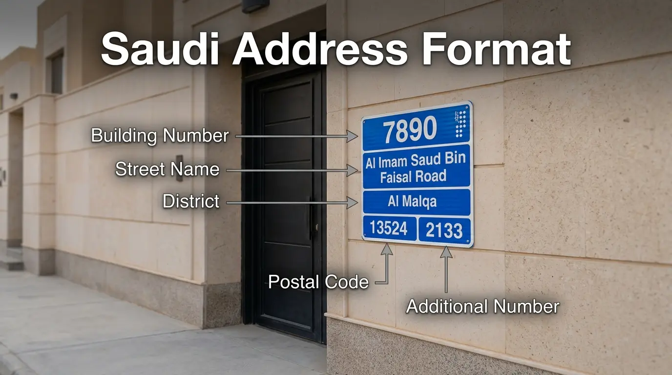 Saudi Address Format example with building number, street, district, city, postal code, and additional number